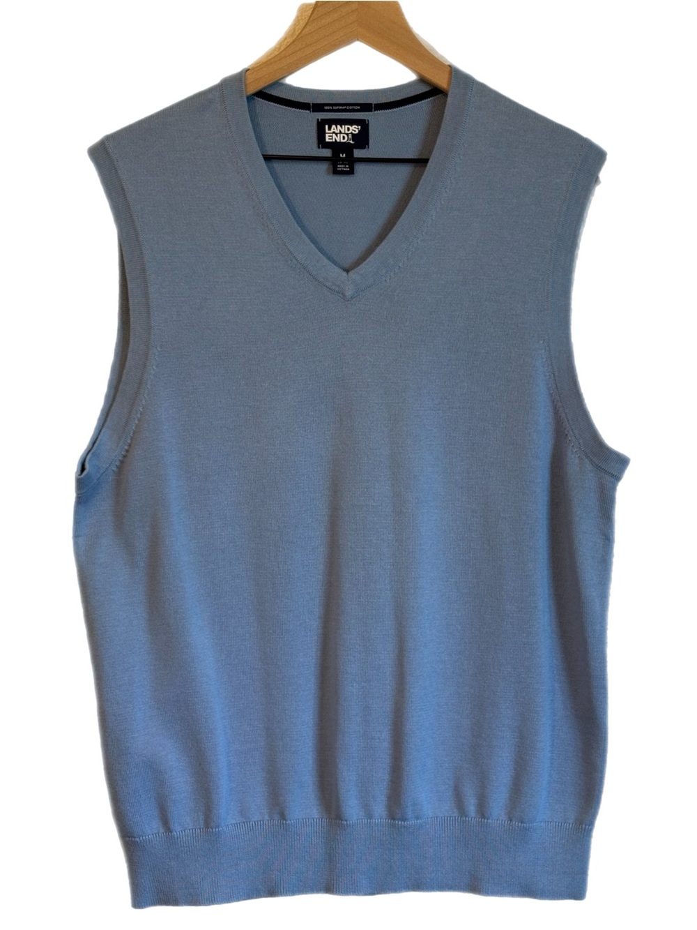 Lands' End Men's Supima Cotton V-Neck knit Sweater Vest Light Blue M Preppy